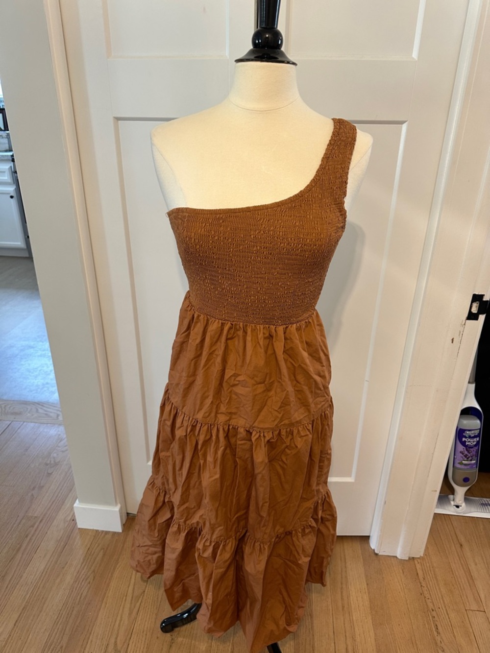 Lush One-Shoulder Smocked Tiered Maxi Dress in Chestnut Brown